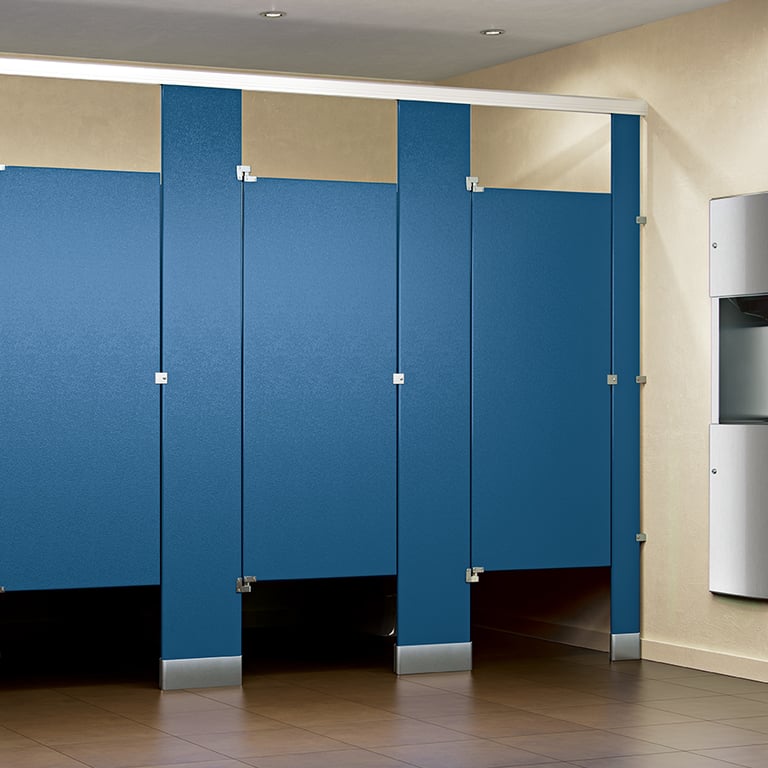 ASI-SolidPlasticPartitions@2x.jpg Image of UrinalScreen FloorAnchored GlobalPartitions PowderCoatSteel OverheadBraced