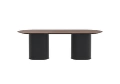 AspectFurniture_Atlas_Pill_Dual Pill Base_FH_Leaner_1200W x 3200L_10P_Walnut_Mannex Black.jpg Image of Table Pill AspectFurniture Atlas 10Person StraightShroud