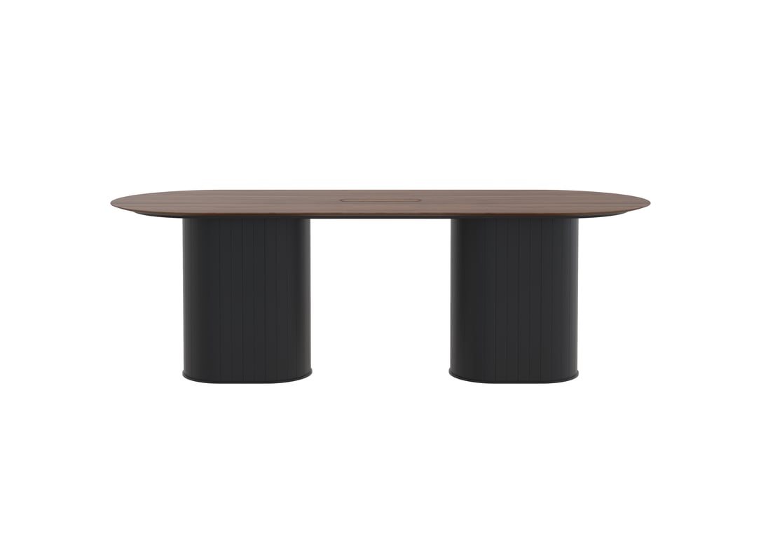 AspectFurniture_Atlas_Pill_Dual Pill Base_FH_Leaner_1200W x 3200L_10P_Walnut_Mannex Black.jpg Image of Table Pill AspectFurniture Atlas 10Person StraightShroud