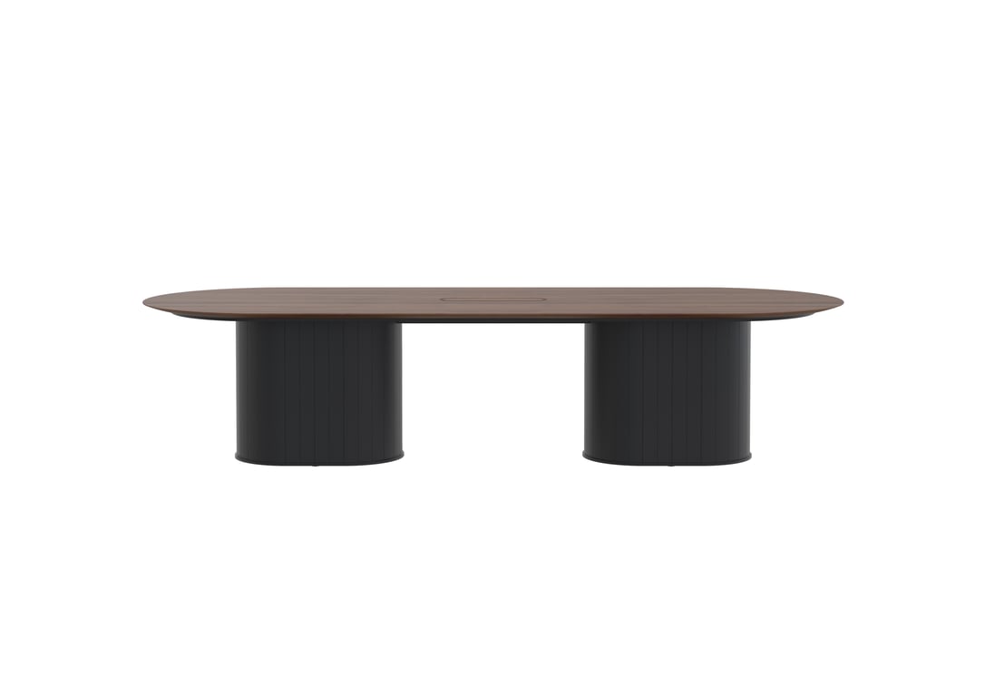 AspectFurniture_Atlas_Pill_Dual Pill Base_FH_Table_1200W x 3200L_10P_Walnut_Mannex Black.jpg Image of Table Pill AspectFurniture Atlas 10Person StraightShroud