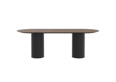 AspectFurniture_Atlas_Pill_Dual Round Base_FH_Leaner_1200W x 3200L_10P_Walnut_Mannex Black.jpg Image of Table Pill AspectFurniture Atlas 10Person RoundShroud