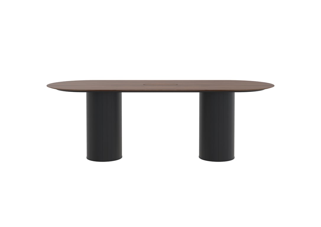 AspectFurniture_Atlas_Pill_Dual Round Base_FH_Leaner_1200W x 3200L_10P_Walnut_Mannex Black.jpg Image of Table Pill AspectFurniture Atlas 10Person RoundShroud