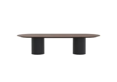 AspectFurniture_Atlas_Pill_Dual Round Base_FH_Table_1200W x 3200L_10P_Walnut_Mannex Black.jpg Image of Table Pill AspectFurniture Atlas 10Person RoundShroud