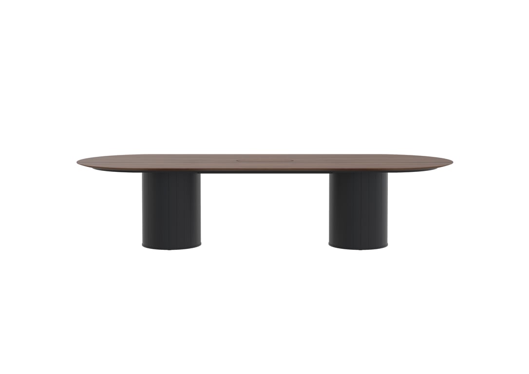 AspectFurniture_Atlas_Pill_Dual Round Base_FH_Table_1200W x 3200L_10P_Walnut_Mannex Black.jpg Image of Table Pill AspectFurniture Atlas 10Person RoundShroud