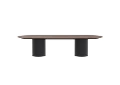 AspectFurniture_Atlas_Pill_Dual Round Base_SS_Table_CPB_1200W x 3200L_10P_Walnut_Mannex Black.jpg Image of Table Pill AspectFurniture Atlas 10Person RoundShroud AdjustableHeight