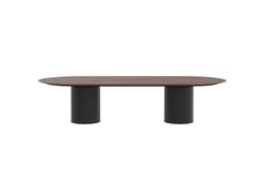AspectFurniture_Atlas_Pill_Dual Round Base_SS_Table_CPB_1400W x 3200L_10P_Walnut_Mannex Black.jpg Image of Table Pill AspectFurniture Atlas 10Person RoundShroud AdjustableHeight