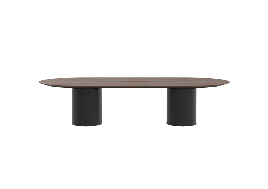 AspectFurniture_Atlas_Pill_Dual Round Base_SS_Table_CPB_1400W x 3200L_10P_Walnut_Mannex Black.jpg Image of Table Pill AspectFurniture Atlas 10Person RoundShroud AdjustableHeight