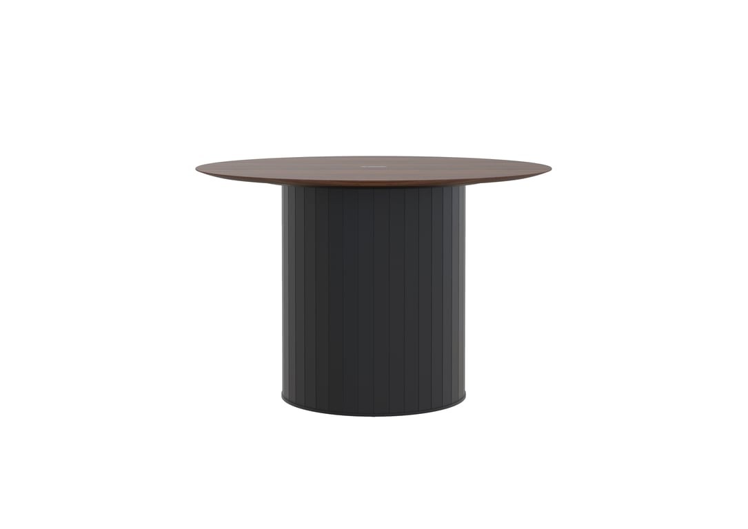 AspectFurniture_Atlas_Round_FH_Leaner_1600D_6P_Walnut_Mannex Black.jpg Image of Table Round AspectFurniture Atlas 6Person