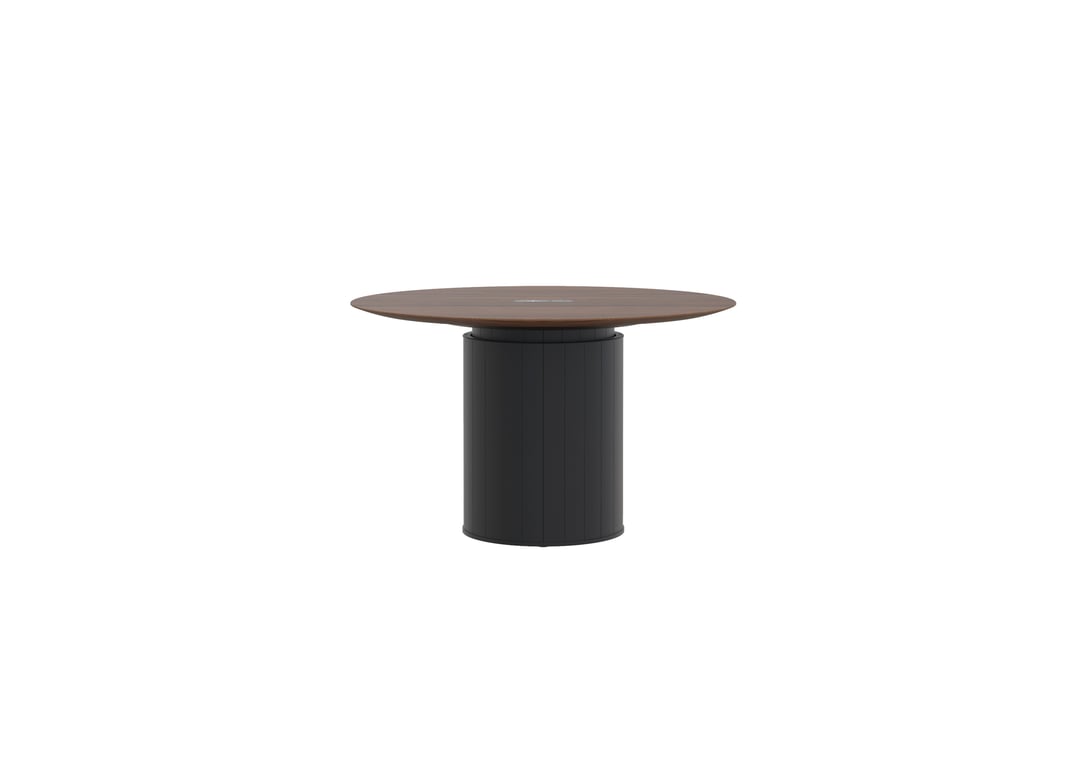 AspectFurniture_Atlas_Round_SS_1200D_4P_Walnut Top_Mannex Black.jpg Image of Table Round AspectFurniture Atlas 4Person AdjustableHeight
