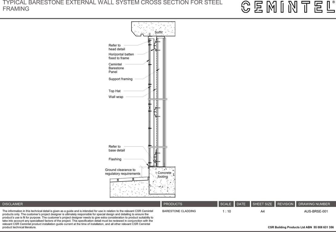 AUS-BRSE-001 - TYPICAL BARESTONE EXTERNAL WALL SYSTEM CROSS SECTION FOR STEEL FRAMING