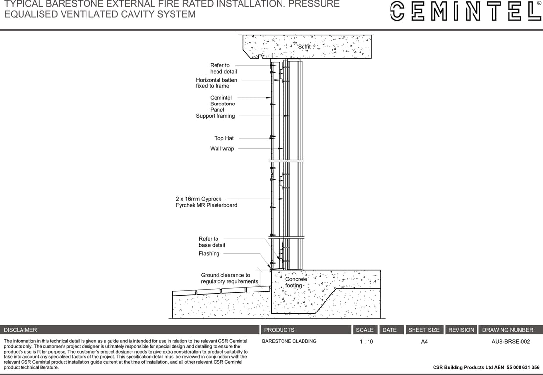 AUS-BRSE-002 - TYPICAL BARESTONE EXTERNAL FIRE RATED INSTALLATION- PRESSURE EQUALISED VENTILATED CAVITY SYSTEM