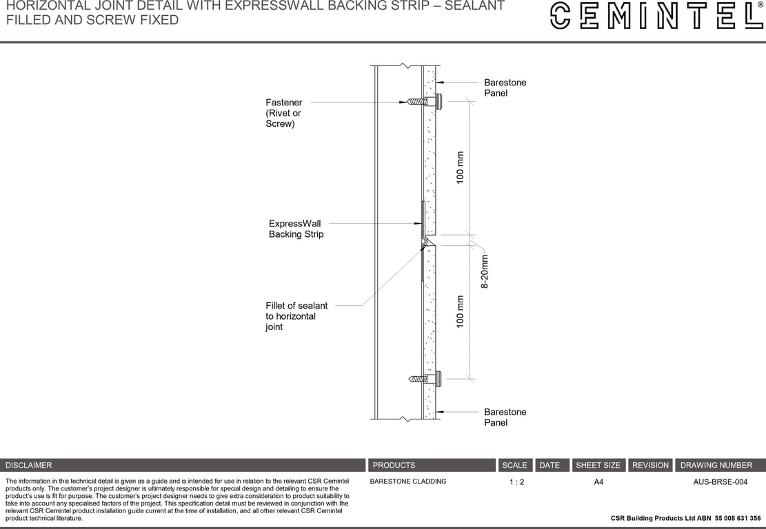 AUS-BRSE-004 - HORIZONTAL JOINT DETAIL WITH EXPRESSWALL BACKING STRIP – SEALANT FILLED AND SCREW FIXED