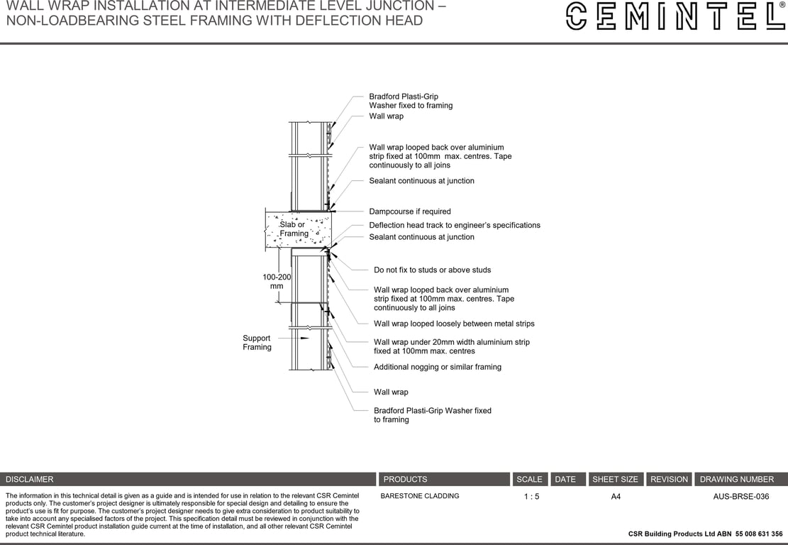 Navigate to AUS-BRSE-036 - WALL WRAP INSTALLATION AT INTERMEDIATE LEVEL JUNCTION – NON-LOADBEARING STEEL FRAMING WITH DEFLECTION HEAD