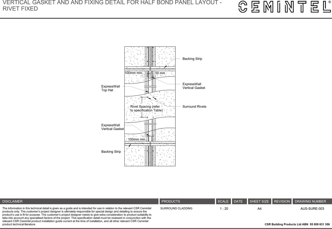 AUS-SURE-003 - VERTICAL GASKET AND AND FIXING DETAIL FOR HALF BOND PANEL LAYOUT - RIVET FIXED