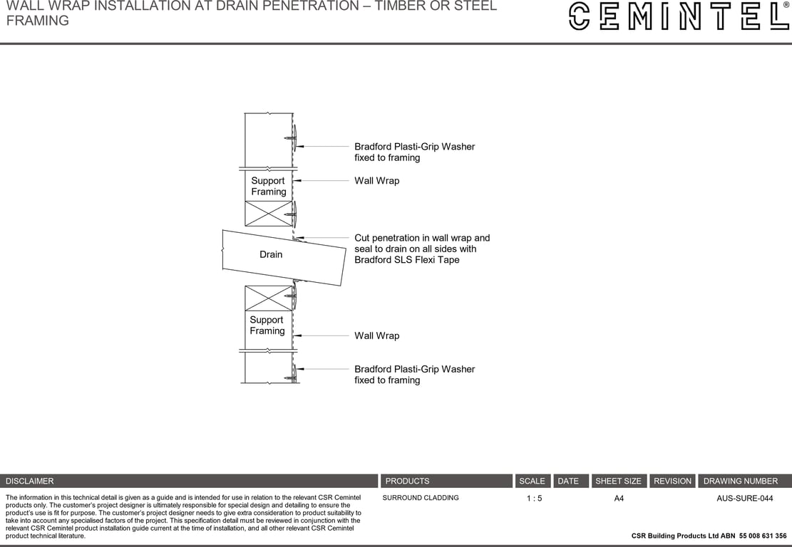 Navigate to AUS-SURE-044 - WALL WRAP INSTALLATION AT DRAIN PENETRATION – TIMBER OR STEEL FRAMING