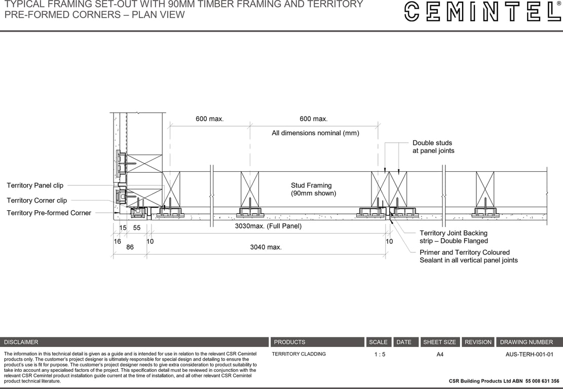 Navigate to AUS-TERH-001-01 - TYPICAL FRAMING SET-OUT WITH 90MM TIMBER FRAMING AND TERRITORY PRE-FORMED CORNERS – PLAN VIEW