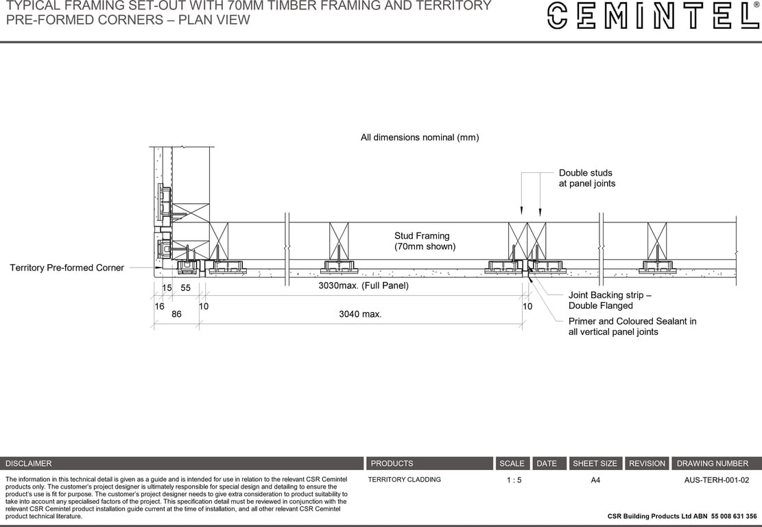 Navigate to AUS-TERH-001-02 - TYPICAL FRAMING SET-OUT WITH 70MM TIMBER FRAMING AND TERRITORY PRE-FORMED CORNERS – PLAN VIEW