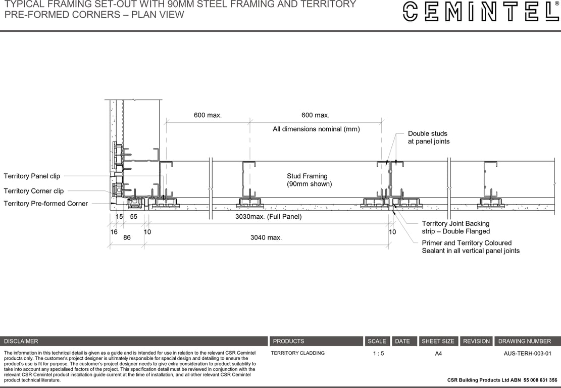 Navigate to AUS-TERH-003-01 - TYPICAL FRAMING SET-OUT WITH 90MM STEEL FRAMING AND TERRITORY PRE-FORMED CORNERS – PLAN VIEW