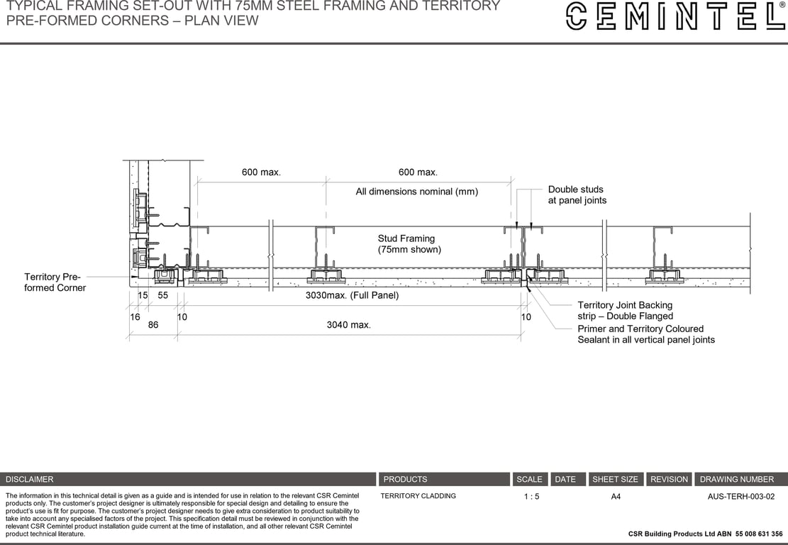 Navigate to AUS-TERH-003-02 - TYPICAL FRAMING SET-OUT WITH 75MM STEEL FRAMING AND TERRITORY PRE-FORMED CORNERS – PLAN VIEW