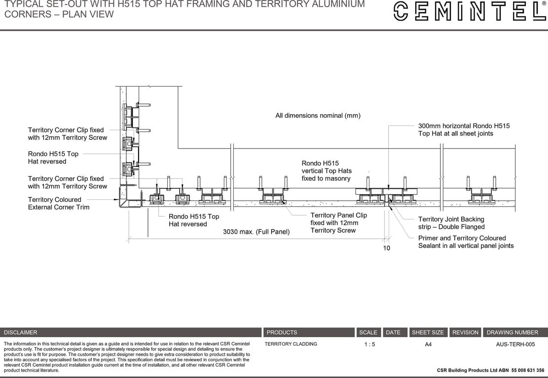 Navigate to AUS-TERH-005 - TYPICAL SET-OUT WITH H515 TOP HAT FRAMING AND TERRITORY ALUMINIUM CORNERS – PLAN VIEW