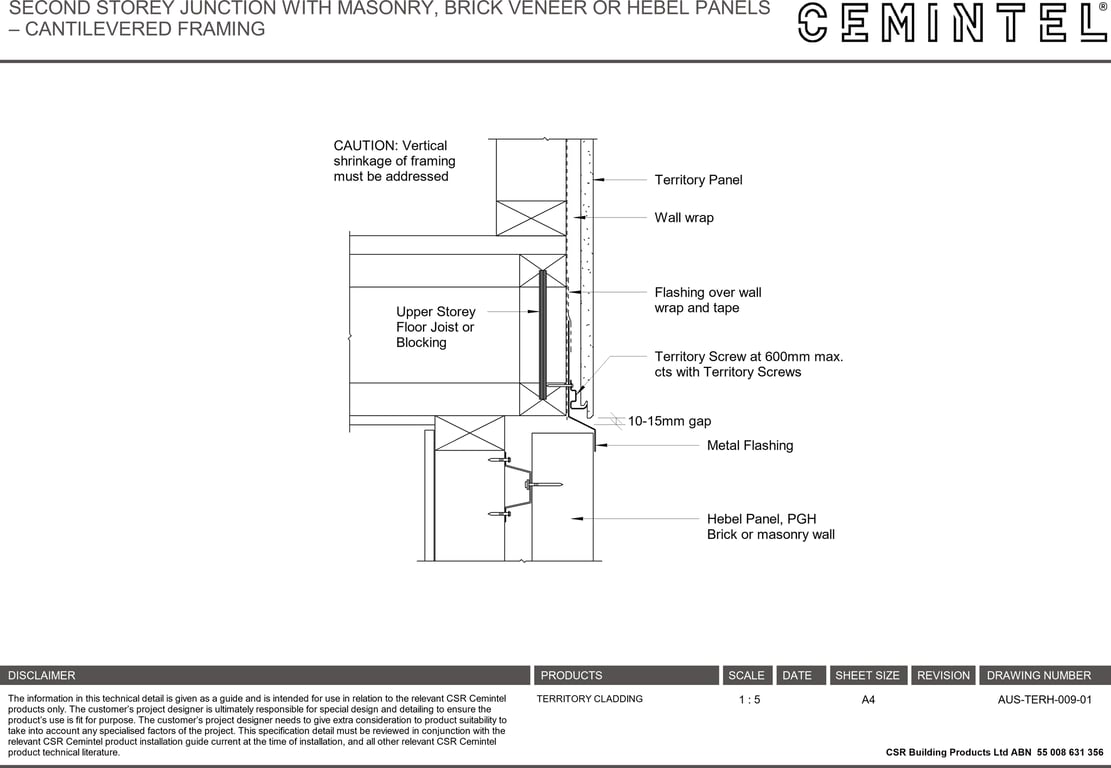 Navigate to AUS-TERH-009-01 - SECOND STOREY JUNCTION WITH MASONRY, BRICK VENEER OR HEBEL PANELS – CANTILEVERED FRAMING