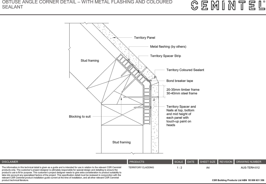 Navigate to AUS-TERH-012 - OBTUSE ANGLE CORNER DETAIL – WITH METAL FLASHING AND COLOURED SEALANT