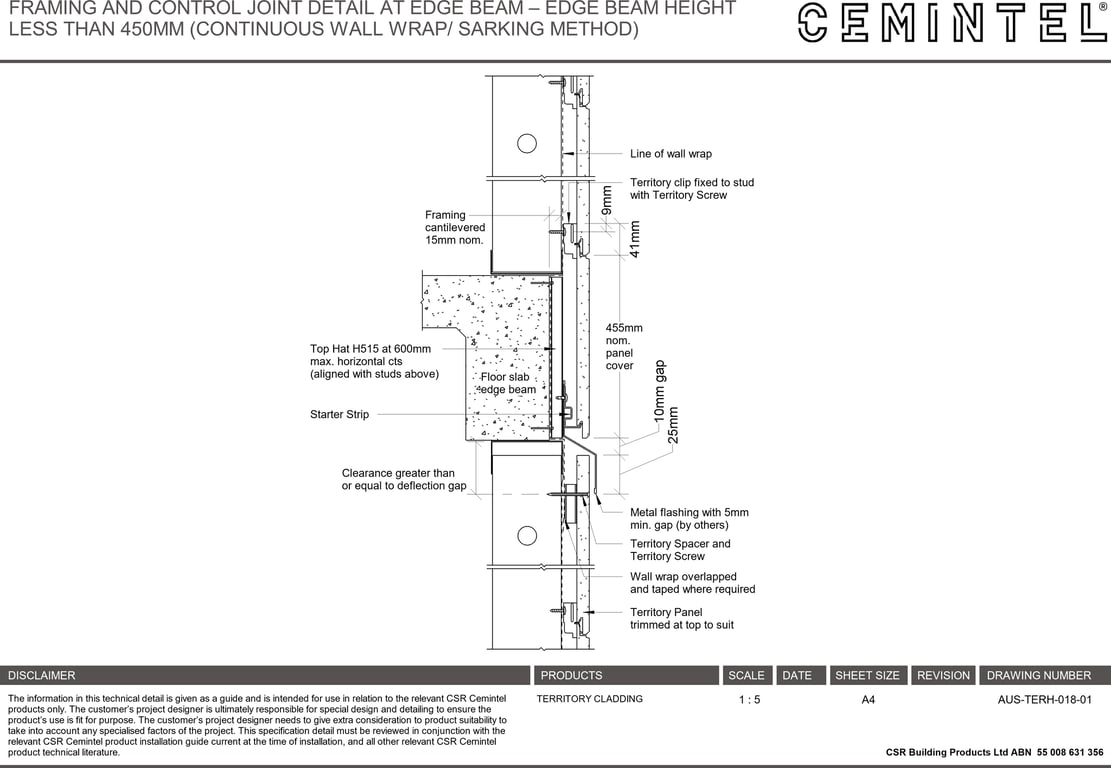 Navigate to AUS-TERH-018-01 - FRAMING AND CONTROL JOINT DETAIL AT EDGE BEAM – EDGE BEAM HEIGHT LESS THAN 450MM (CONTINUOUS WALL WRAP- SARKING METHOD)