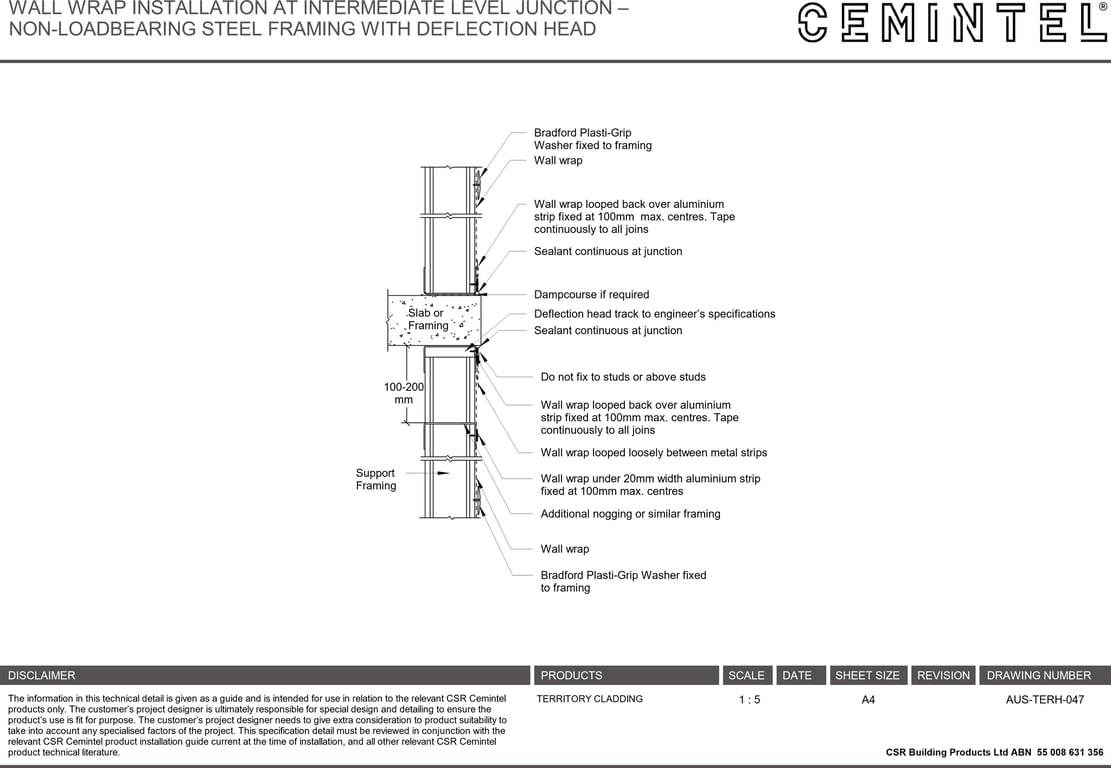 Navigate to AUS-TERH-047 - WALL WRAP INSTALLATION AT INTERMEDIATE LEVEL JUNCTION – NON-LOADBEARING STEEL FRAMING WITH DEFLECTION HEAD