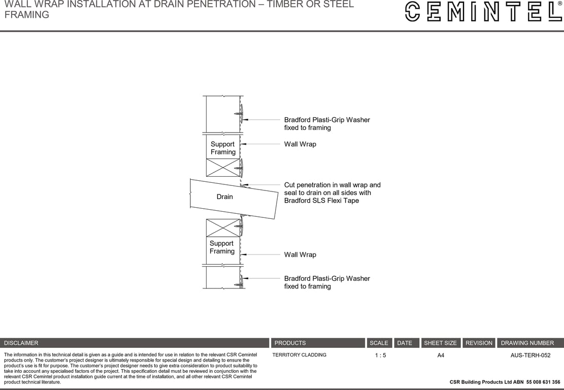 Navigate to AUS-TERH-052 - WALL WRAP INSTALLATION AT DRAIN PENETRATION – TIMBER OR STEEL FRAMING