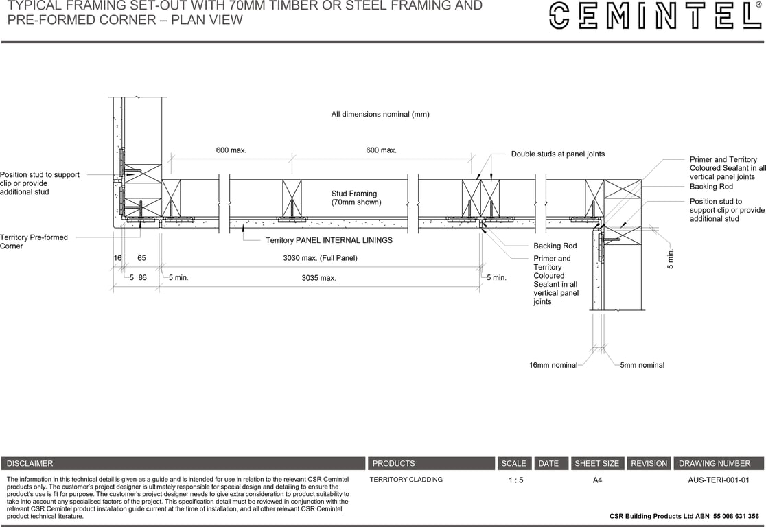 Navigate to AUS-TERI-001-01 - TYPICAL FRAMING SET-OUT WITH 70MM TIMBER OR STEEL FRAMING AND PRE-FORMED CORNER – PLAN VIEW