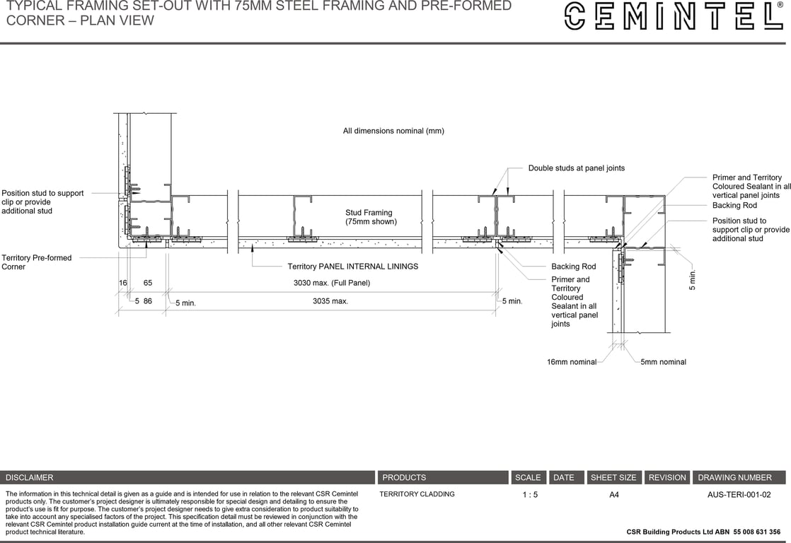 Navigate to AUS-TERI-001-02 - TYPICAL FRAMING SET-OUT WITH 75MM STEEL FRAMING AND PRE-FORMED CORNER – PLAN VIEW
