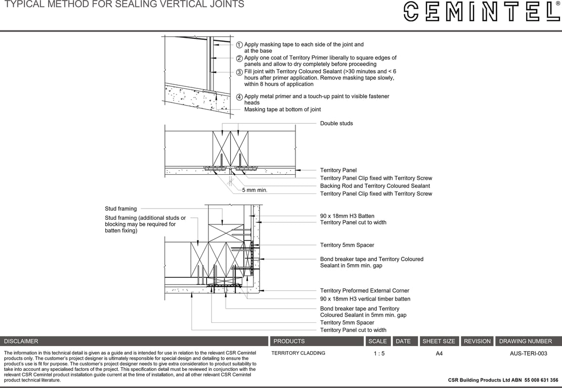 Navigate to AUS-TERI-003 - TYPICAL METHOD FOR SEALING VERTICAL JOINTS