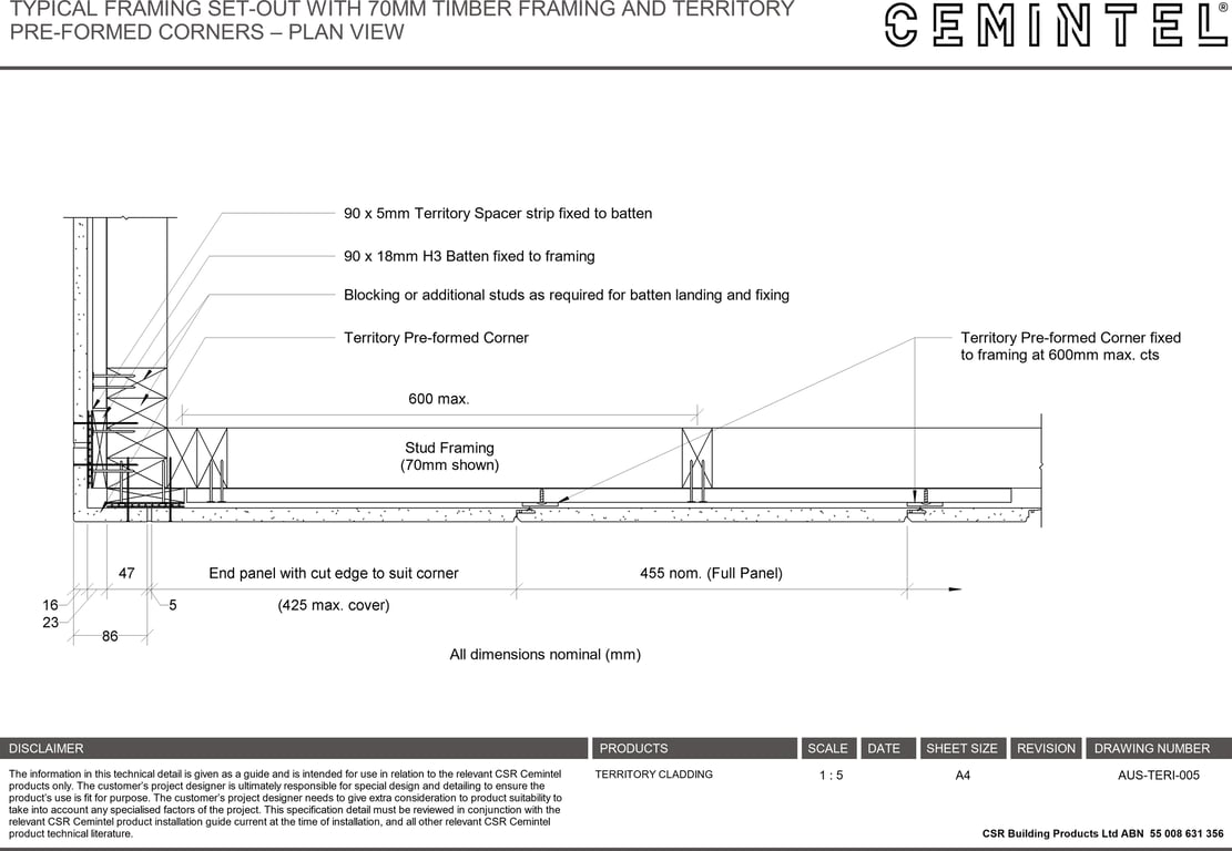 Navigate to AUS-TERI-005 - TYPICAL FRAMING SET-OUT WITH 70MM TIMBER FRAMING AND TERRITORY PRE-FORMED CORNERS – PLAN VIEW