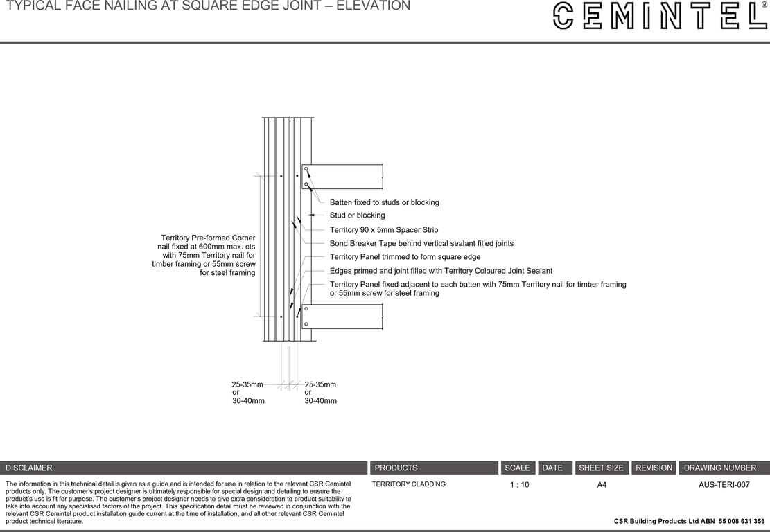 Navigate to AUS-TERI-007 - TYPICAL FACE NAILING AT SQUARE EDGE JOINT – ELEVATION