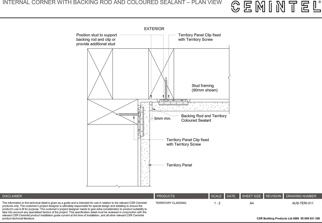 Navigate to AUS-TERI-011 - INTERNAL CORNER WITH BACKING ROD AND COLOURED SEALANT – PLAN VIEW