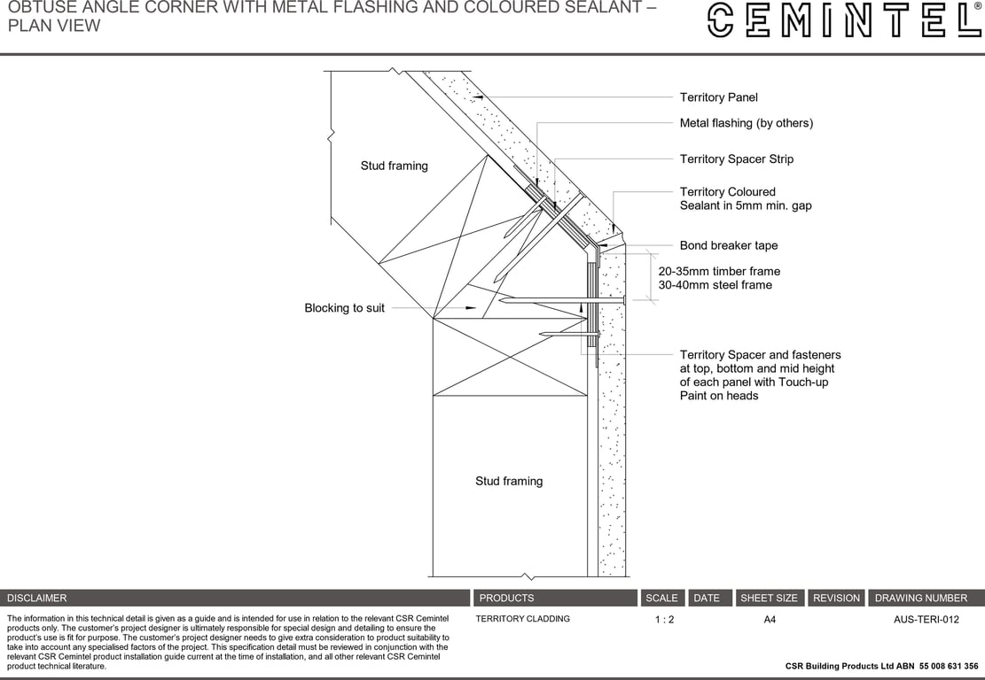 Navigate to AUS-TERI-012 - OBTUSE ANGLE CORNER WITH METAL FLASHING AND COLOURED SEALANT – PLAN VIEW