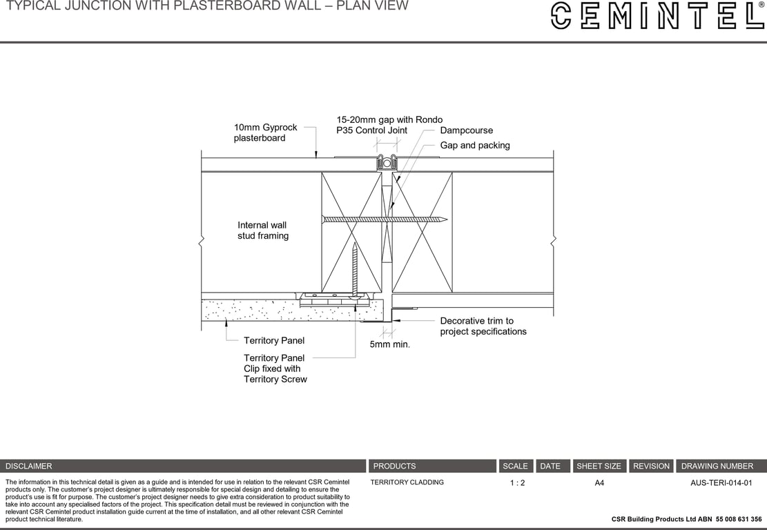 Navigate to AUS-TERI-014-01 - TYPICAL JUNCTION WITH PLASTERBOARD WALL – PLAN VIEW