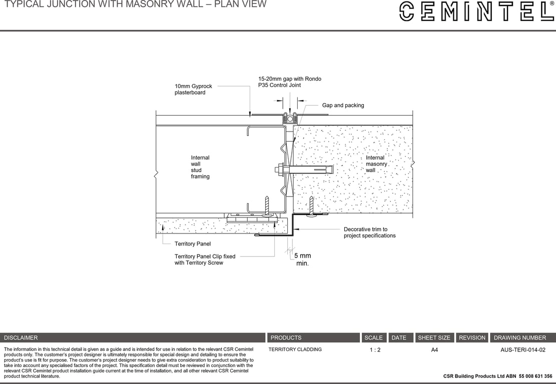 Navigate to AUS-TERI-014-02 - TYPICAL JUNCTION WITH MASONRY WALL – PLAN VIEW