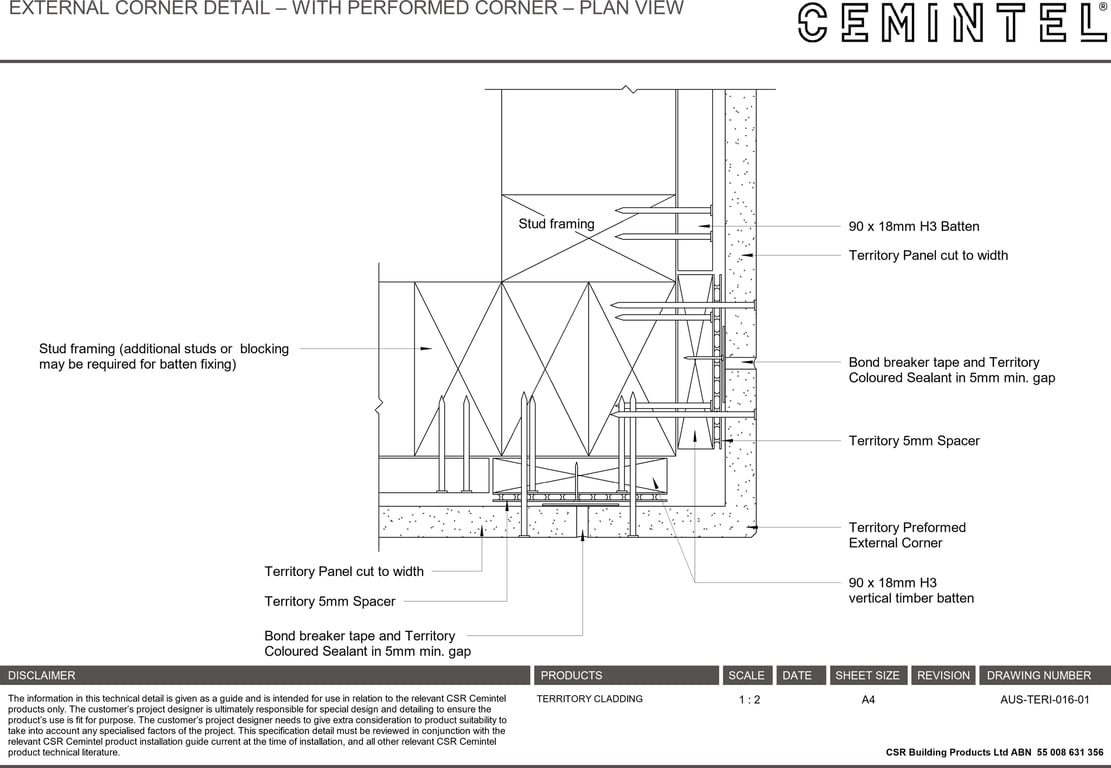 Navigate to AUS-TERI-016-01 - EXTERNAL CORNER DETAIL – WITH PERFORMED CORNER – PLAN VIEW