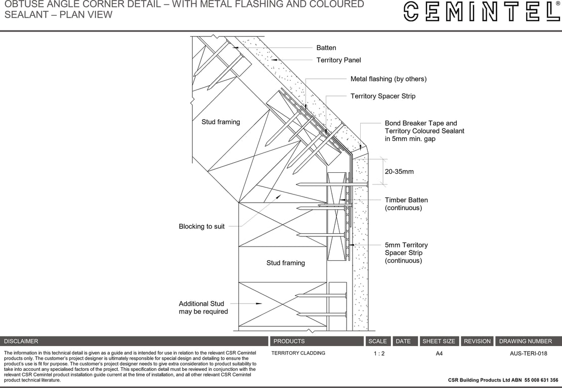 Navigate to AUS-TERI-018 - OBTUSE ANGLE CORNER DETAIL – WITH METAL FLASHING AND COLOURED SEALANT – PLAN VIEW