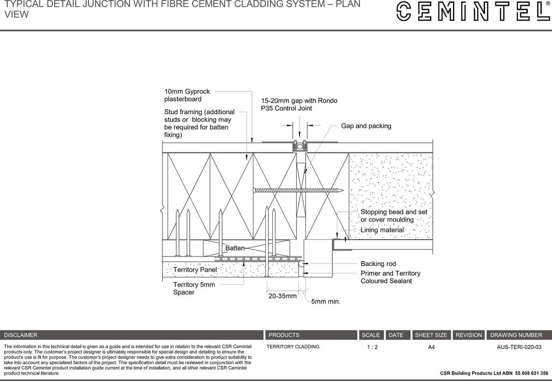 Navigate to AUS-TERI-020-03 - TYPICAL DETAIL JUNCTION WITH FIBRE CEMENT CLADDING SYSTEM – PLAN VIEW