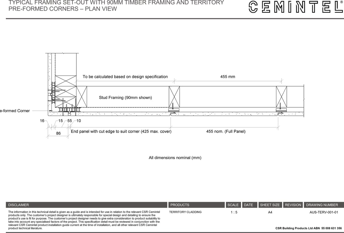 Navigate to AUS-TERV-001-01 - TYPICAL FRAMING SET-OUT WITH 90MM TIMBER FRAMING AND TERRITORY PRE-FORMED CORNERS – PLAN VIEW