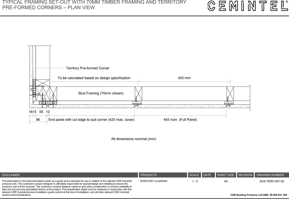 Navigate to AUS-TERV-001-02 - TYPICAL FRAMING SET-OUT WITH 70MM TIMBER FRAMING AND TERRITORY PRE-FORMED CORNERS – PLAN VIEW
