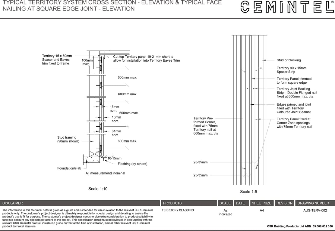  Image of AUS-TERV-002 - TYPICAL TERRITORY SYSTEM CROSS SECTION - ELEVATION & TYPICAL FACE NAILING AT SQUARE EDGE JOINT - ELEVATION
