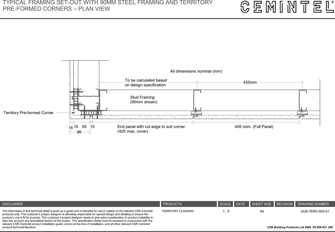 Navigate to AUS-TERV-003-01 - TYPICAL FRAMING SET-OUT WITH 90MM STEEL FRAMING AND TERRITORY PRE-FORMED CORNERS – PLAN VIEW