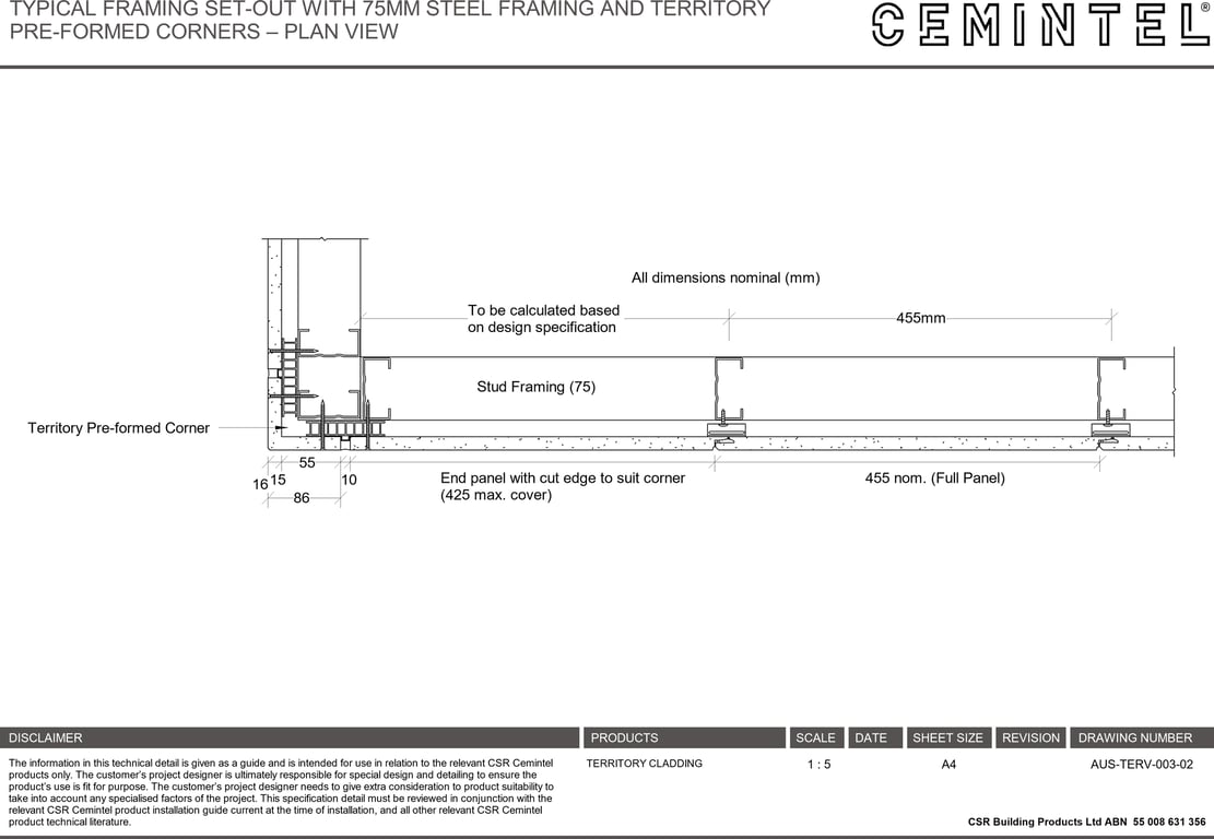 Navigate to AUS-TERV-003-02 - TYPICAL FRAMING SET-OUT WITH 75MM STEEL FRAMING AND TERRITORY PRE-FORMED CORNERS – PLAN VIEW