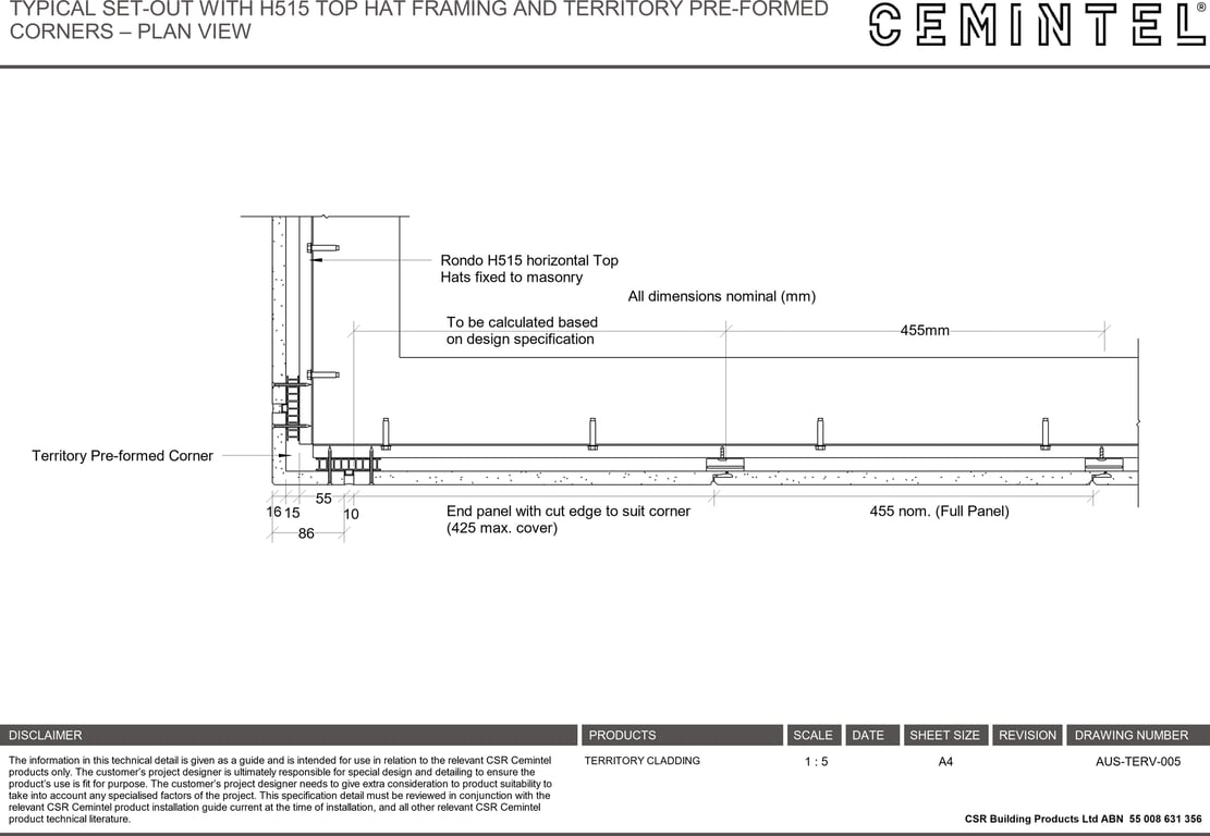 Navigate to AUS-TERV-005 - TYPICAL SET-OUT WITH H515 TOP HAT FRAMING AND TERRITORY PRE-FORMED CORNERS – PLAN VIEW