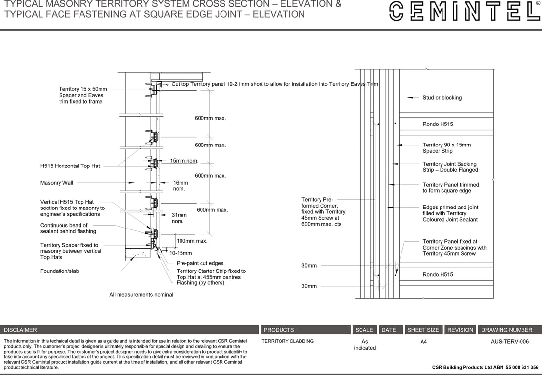 Navigate to AUS-TERV-006 - TYPICAL MASONRY TERRITORY SYSTEM CROSS SECTION – ELEVATION & TYPICAL FACE FASTENING AT SQUARE EDGE JOINT – ELEVATION