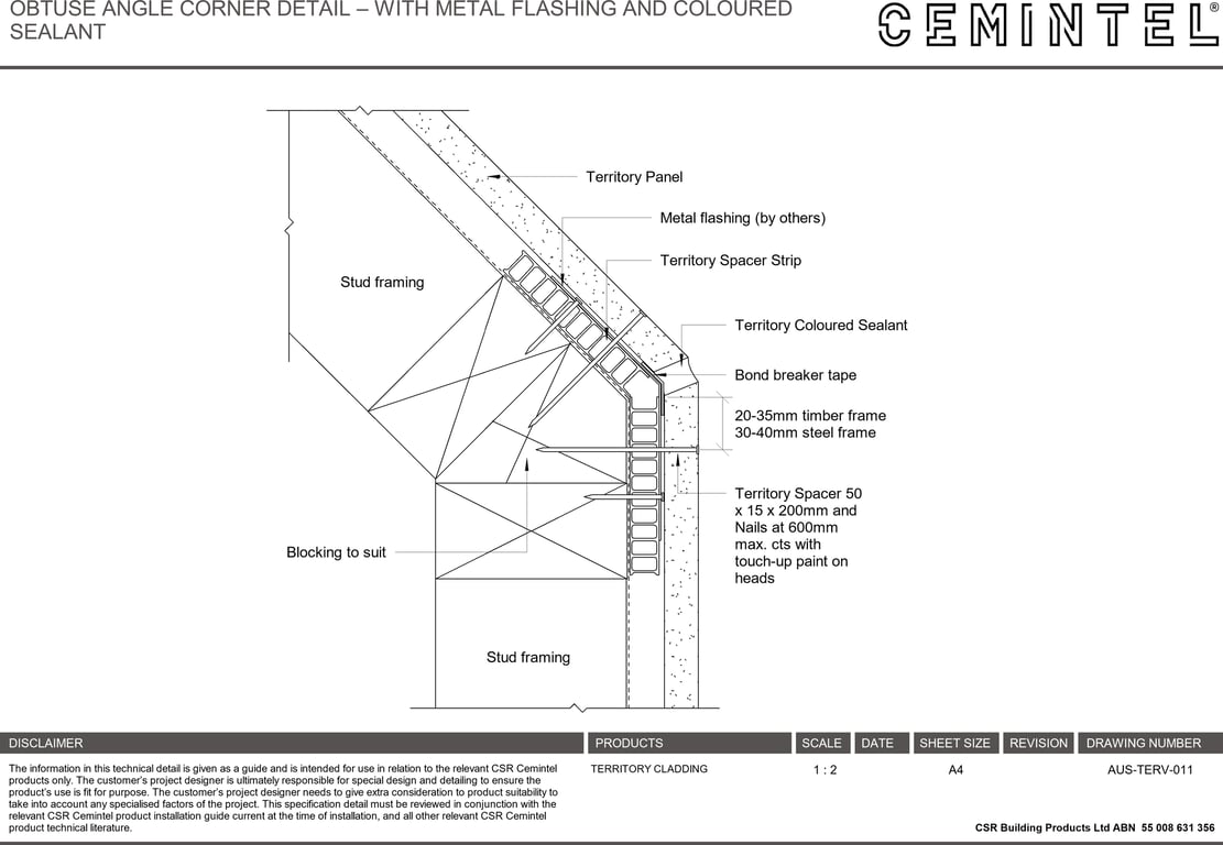 Navigate to AUS-TERV-011 - OBTUSE ANGLE CORNER DETAIL – WITH METAL FLASHING AND COLOURED SEALANT