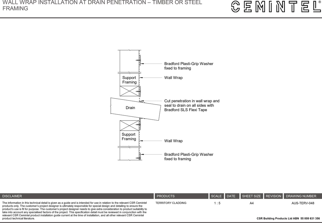 Navigate to AUS-TERV-048 - WALL WRAP INSTALLATION AT DRAIN PENETRATION – TIMBER OR STEEL FRAMING